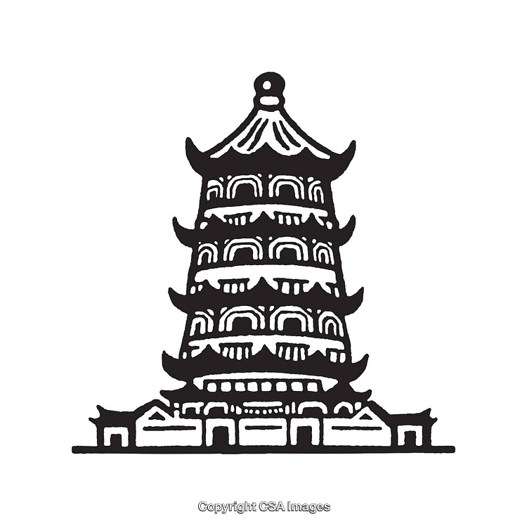 Black and White Line Art Illustration of Traditional Pagoda Architecture