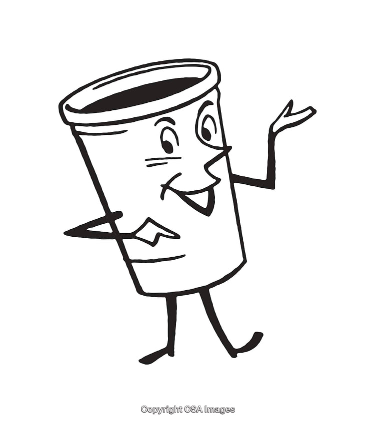 Black and White Line Art of a Smiling Cartoon Coffee Cup