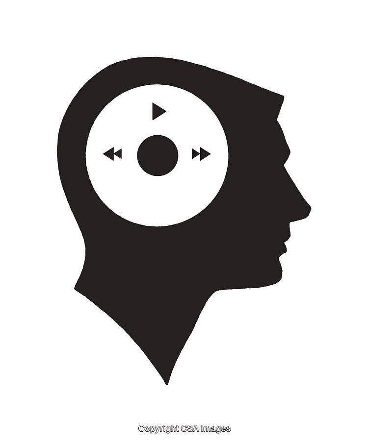Silhouette of Head Incorporating Media Player Controls in Black and White