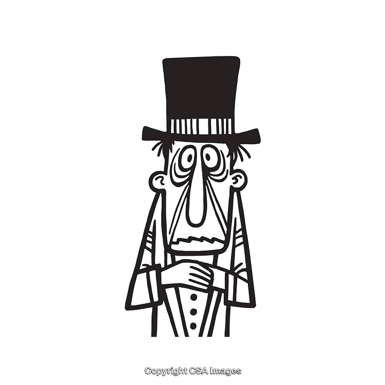 Hand-Drawn Cartoon Man Wearing Top Hat in Black and White Line Style