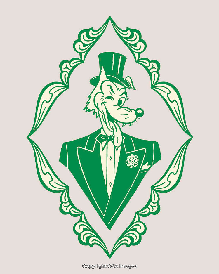 Elegant Green Wolf Character in Vintage Frame Illustration Design