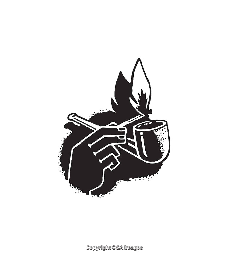 Minimalist Black and White Line Art Illustration of a Hand Holding a Smoking Pipe
