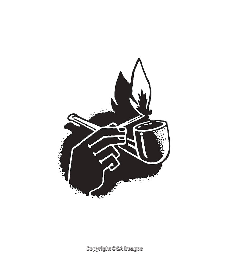 Minimalist Black and White Line Art Illustration of a Hand Holding a Smoking Pipe