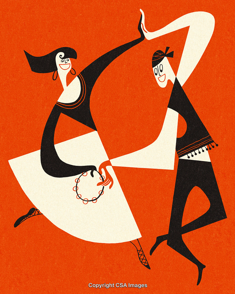 Folk Dance Illustration Depicting Joyful Movement with Cultural Themes in Abstract Style