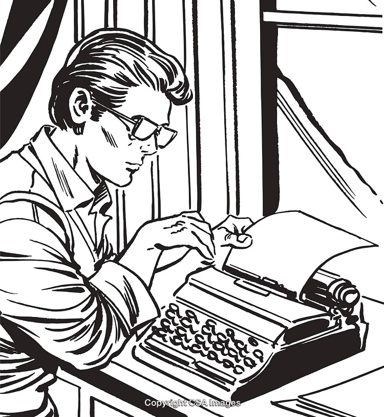 Retro Style Illustration of a Writer Typing on a Typewriter Near a Window