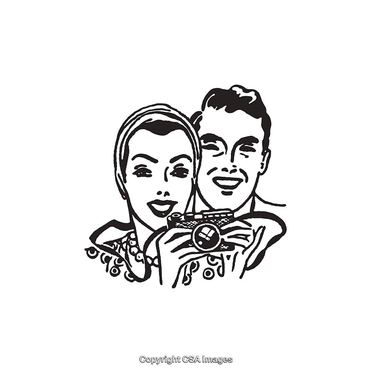 Vintage Style Illustration of Smiling Couple Holding a Camera Together