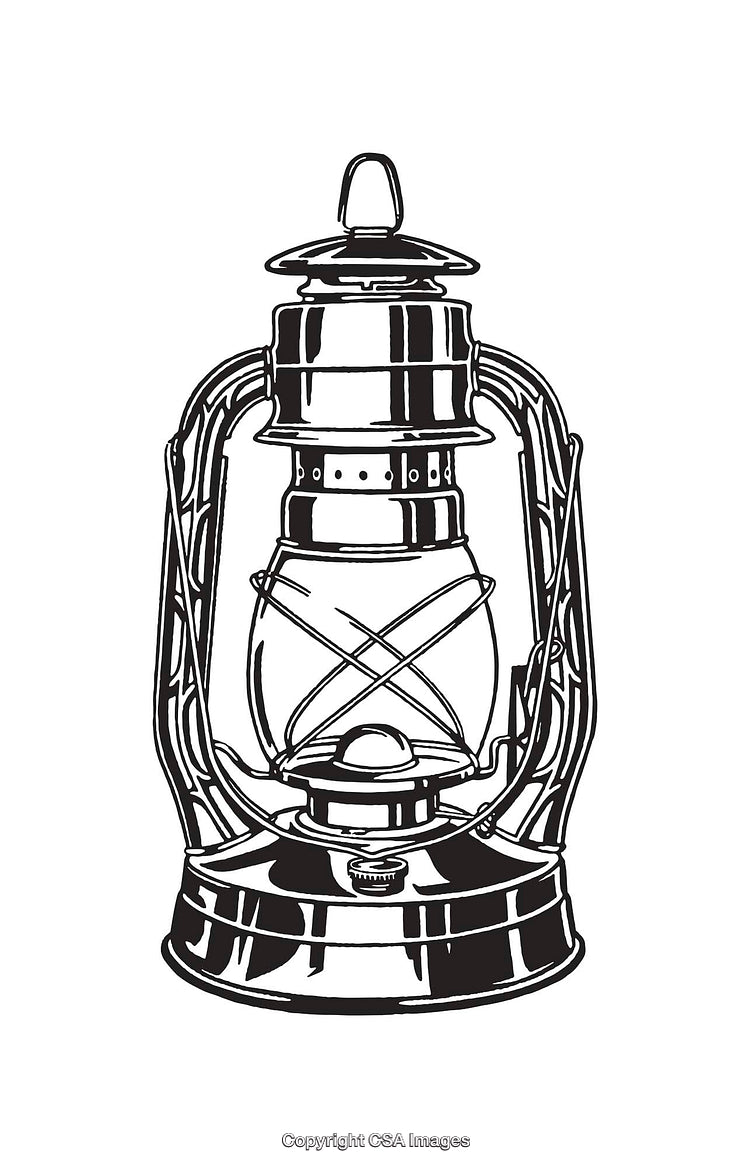 Black And White Line Art Illustration of a Vintage Oil Lantern