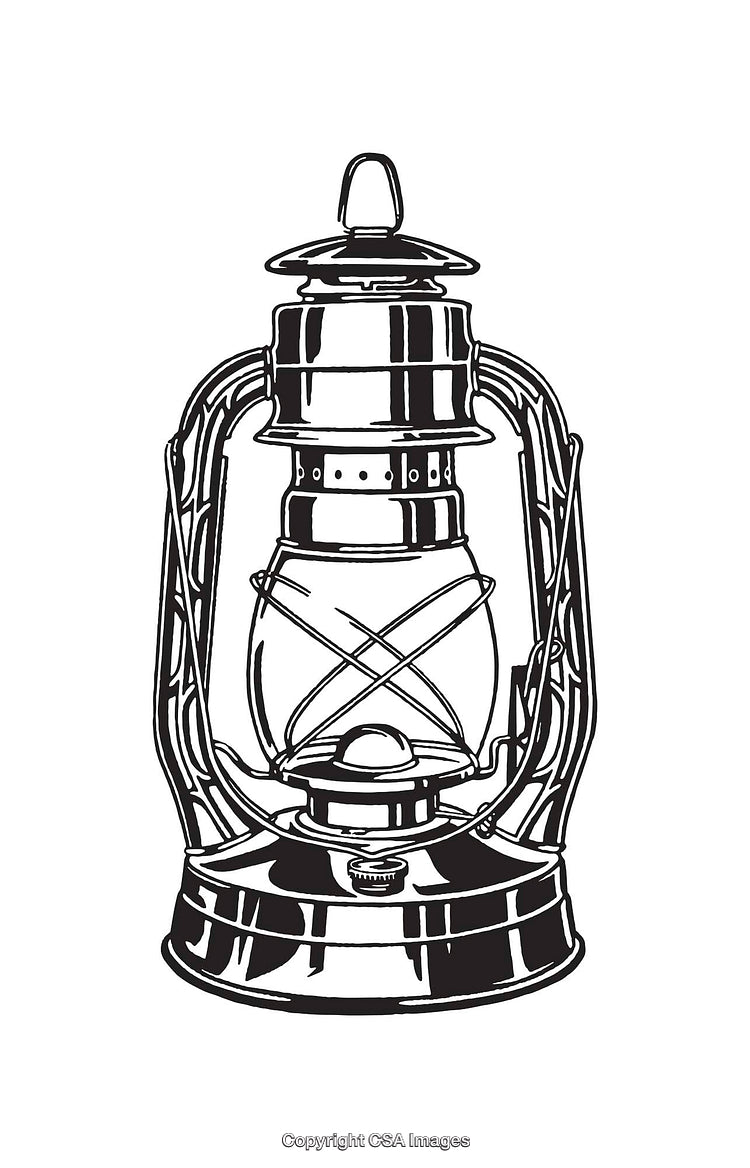 Black And White Line Art Illustration of a Vintage Oil Lantern