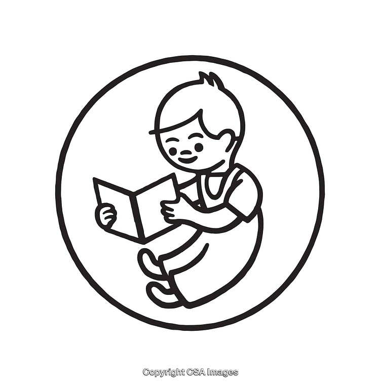 Black and White Line Art Illustration of a Child Reading a Book
