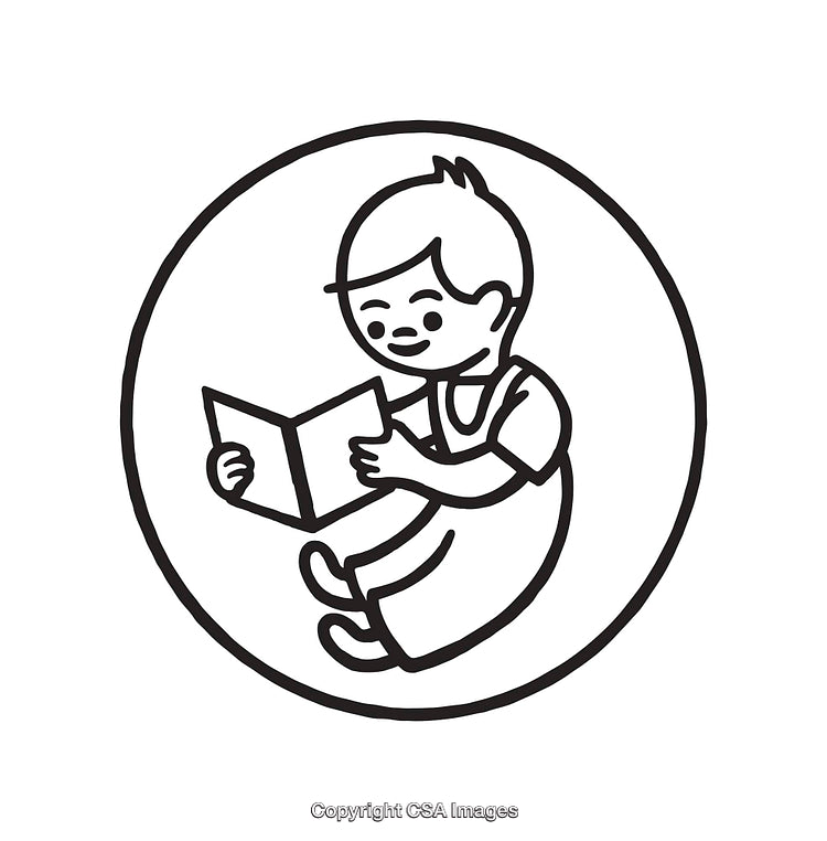 Black and White Line Art Illustration of a Child Reading a Book