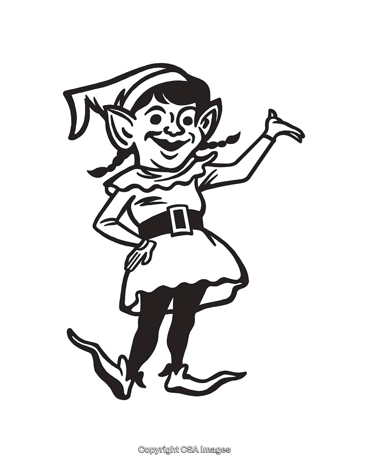 Black And White Line Art Illustration of a Cheerful Elf