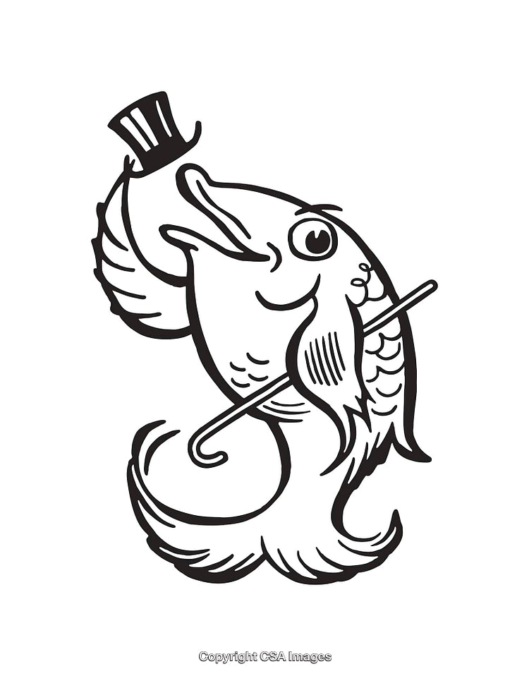 Elegant Line Art of a Fish in a High Hat and Cane