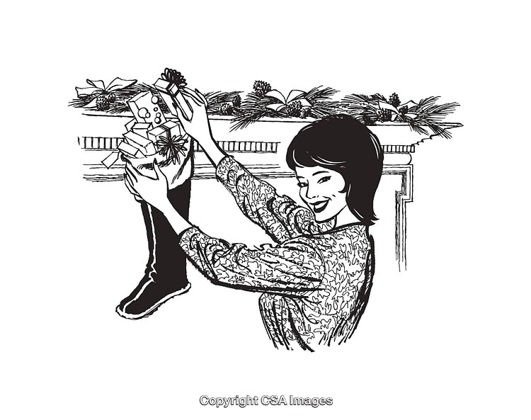 Woman Hanging Christmas Stocking in Black and White Illustration