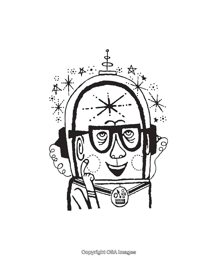 Whimsical Black and White Robot Character Line Art with Creative Details
