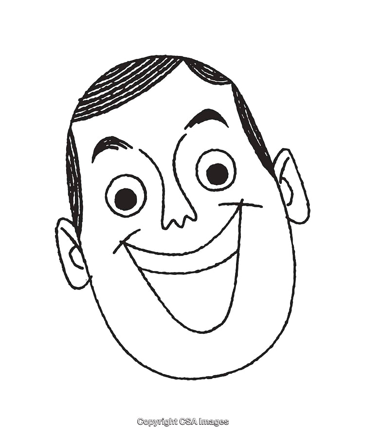 Black and White Line Art of Smiling Face With Cartoon Features
