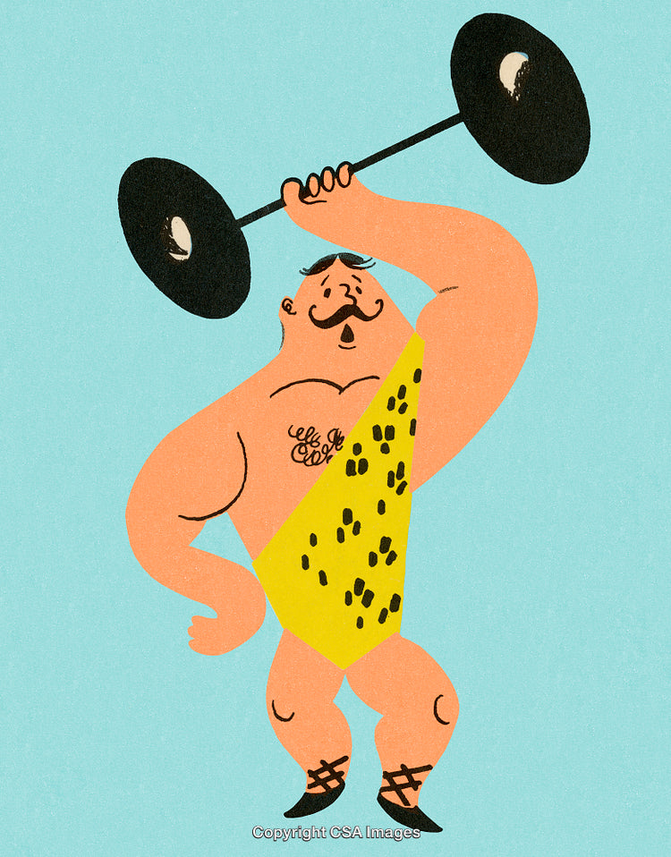 Strongman Illustration of Cartoon Character Holding Weights Wearing Yellow Outfit