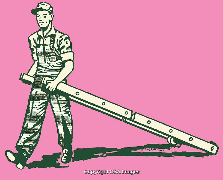 Vintage Illustration of a Worker Carrying a Ladder on Pink Background