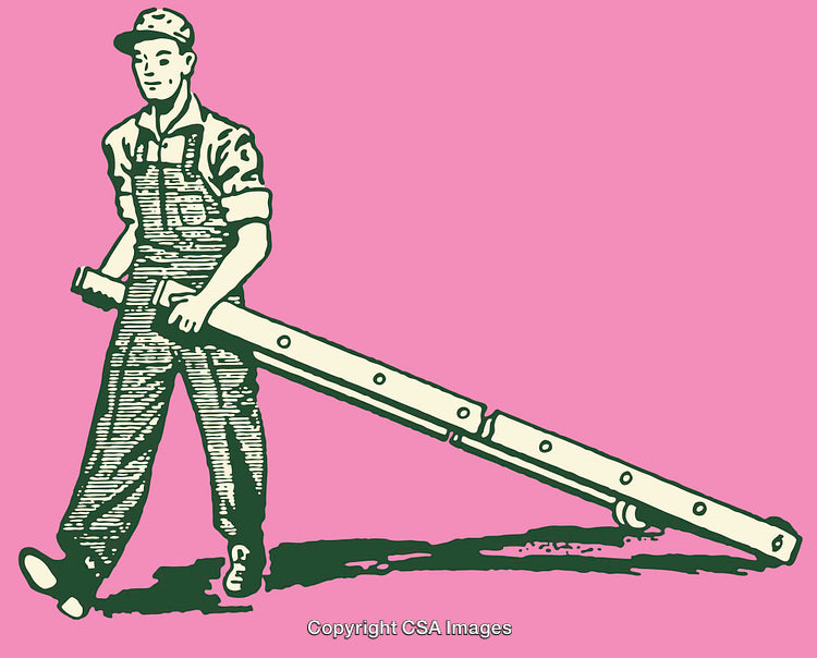 Vintage Illustration of a Worker Carrying a Ladder on Pink Background