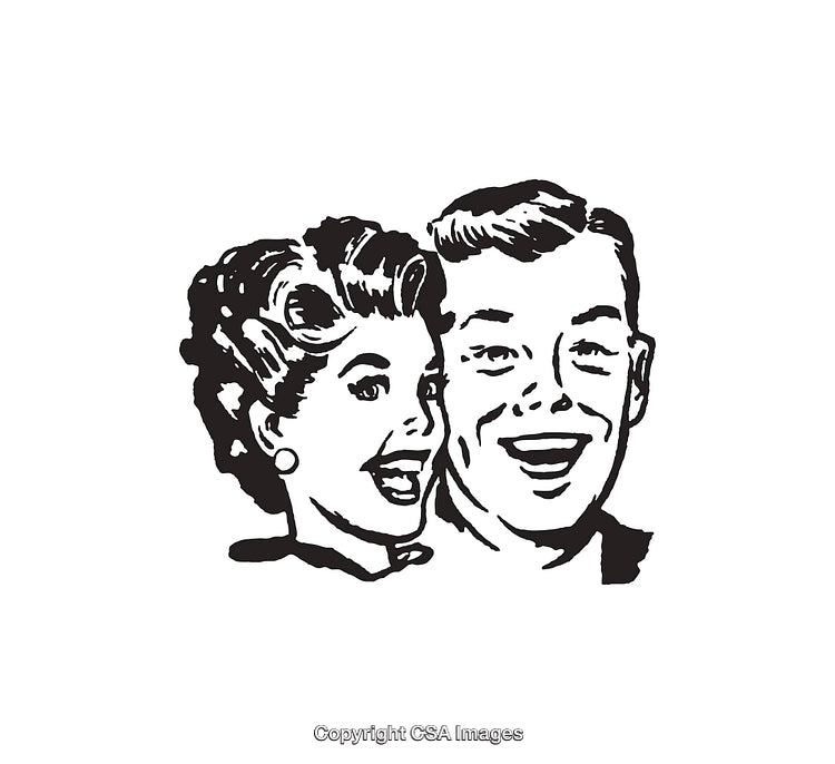 Vintage Black and White Line Art of a Smiling Couple
