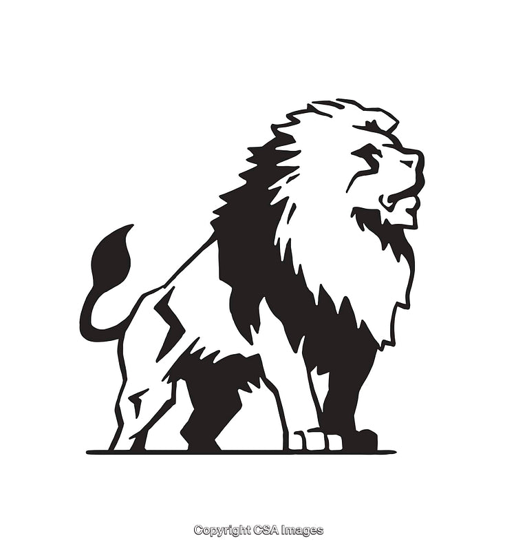Black and White Line Art Illustration of a Majestic Standing Lion