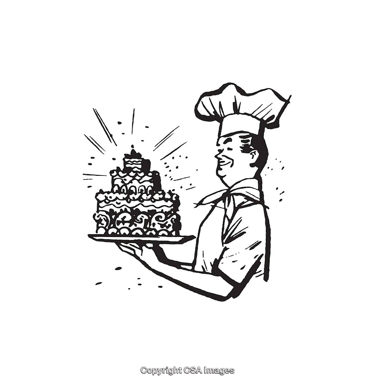 Smiling Baker Holding an Elaborate Tiered Cake Line Art Illustration