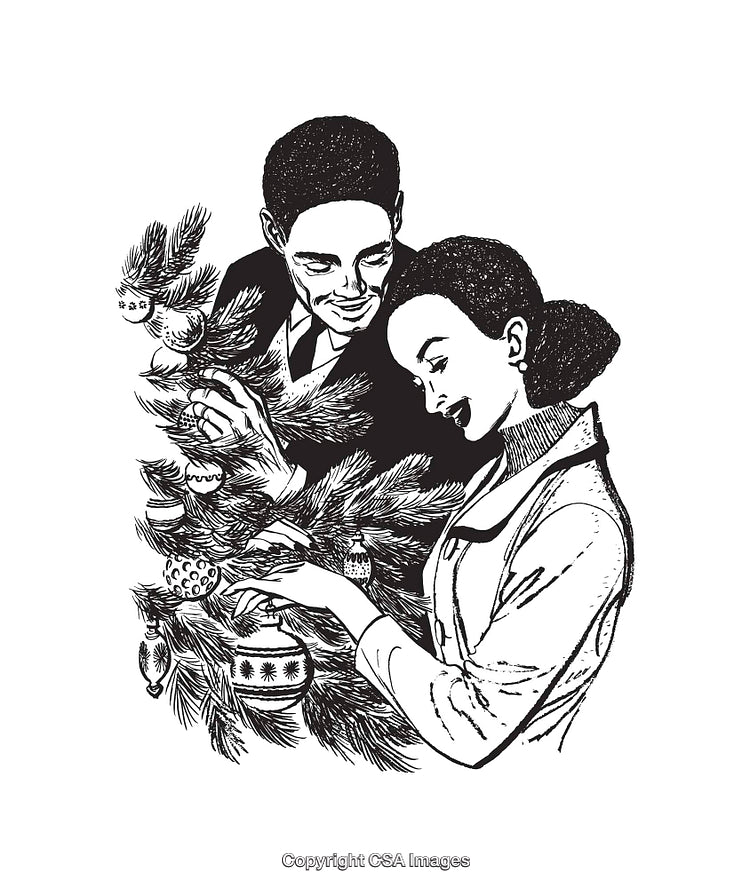 Couple Decorating a Festive Christmas Tree in Black and White Line Art