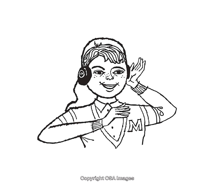 Black and White Line Art Illustration of a Cheerful Girl Listening to Music