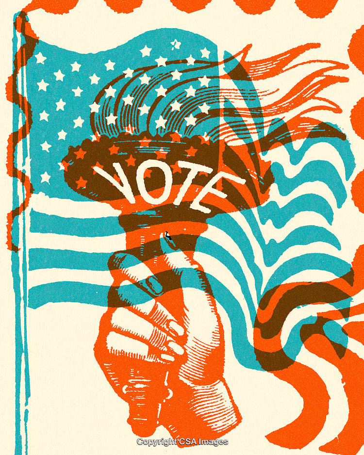Illustration of Patriotic Hand Holding Torch with Vote and Flag Design