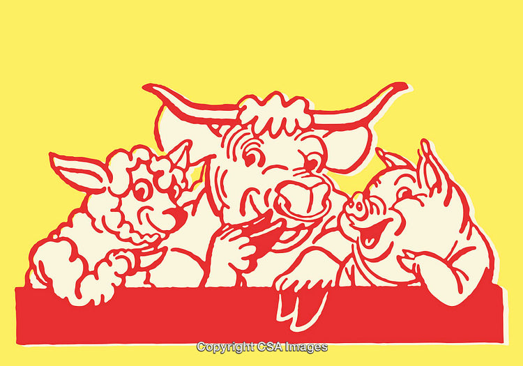 Line Art Illustration of Farm Animals in Playful Composition