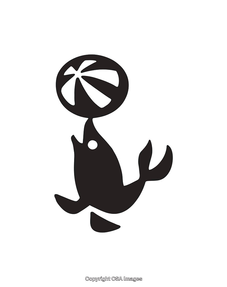 Seal Silhouette Balancing a Ball in Classic Black and White Line Art
