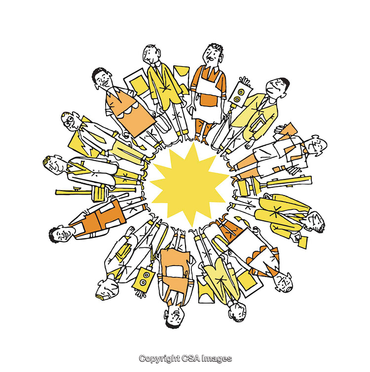 Diverse Team Illustrated in a Circular Layout with Vibrant Yellow Accents