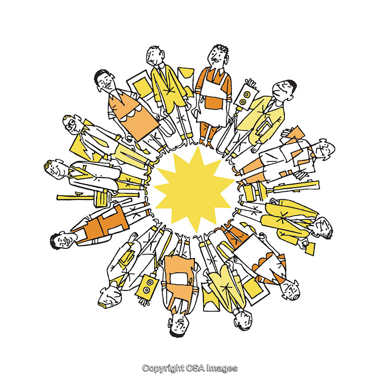 Diverse Team Illustrated in a Circular Layout with Vibrant Yellow Accents