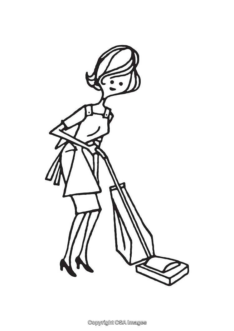 Black and White Line Art of a Woman Vacuuming a Floor