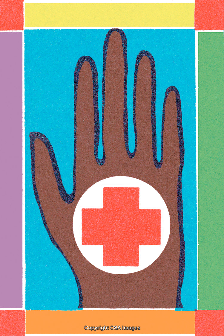 Colorful Illustration of Hand with Red Cross Symbol Representing Healthcare and Aid