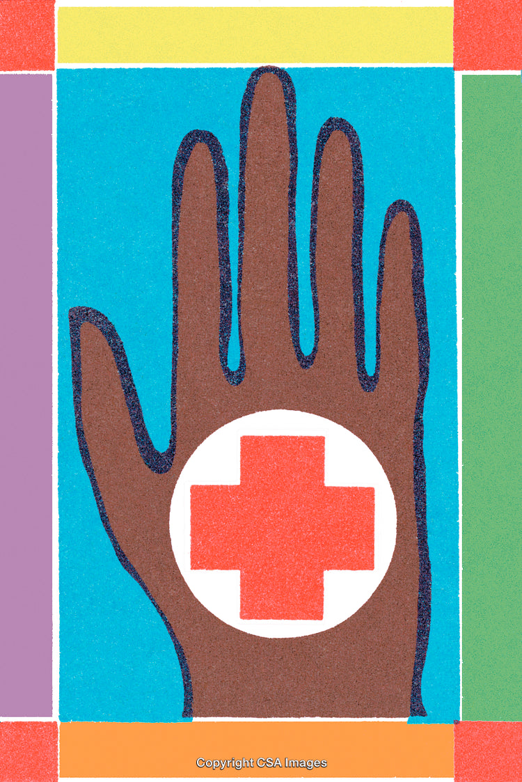 Colorful Illustration of Hand with Red Cross Symbol Representing Healthcare and Aid