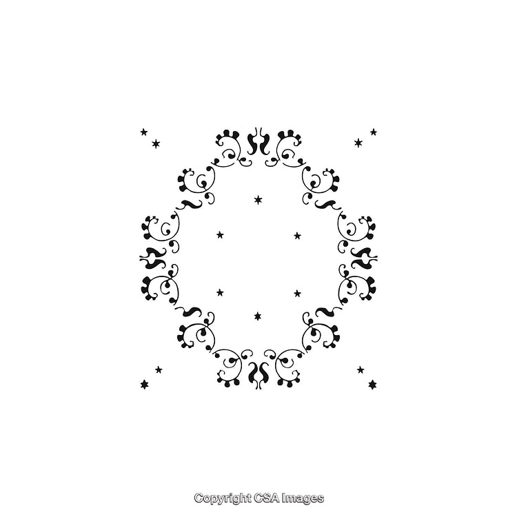 Black and White Decorative Circular Ornament Design with Floral and Star Motifs