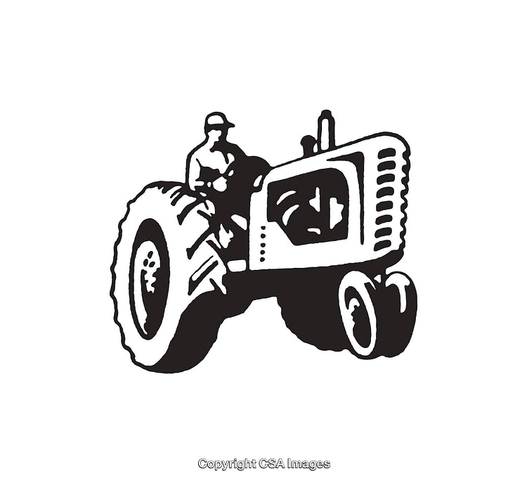 Black and White Line Art of a Farmer Riding a Tractor