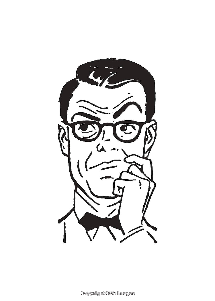 Black and White Line Art of a Thoughtful Man in Glasses