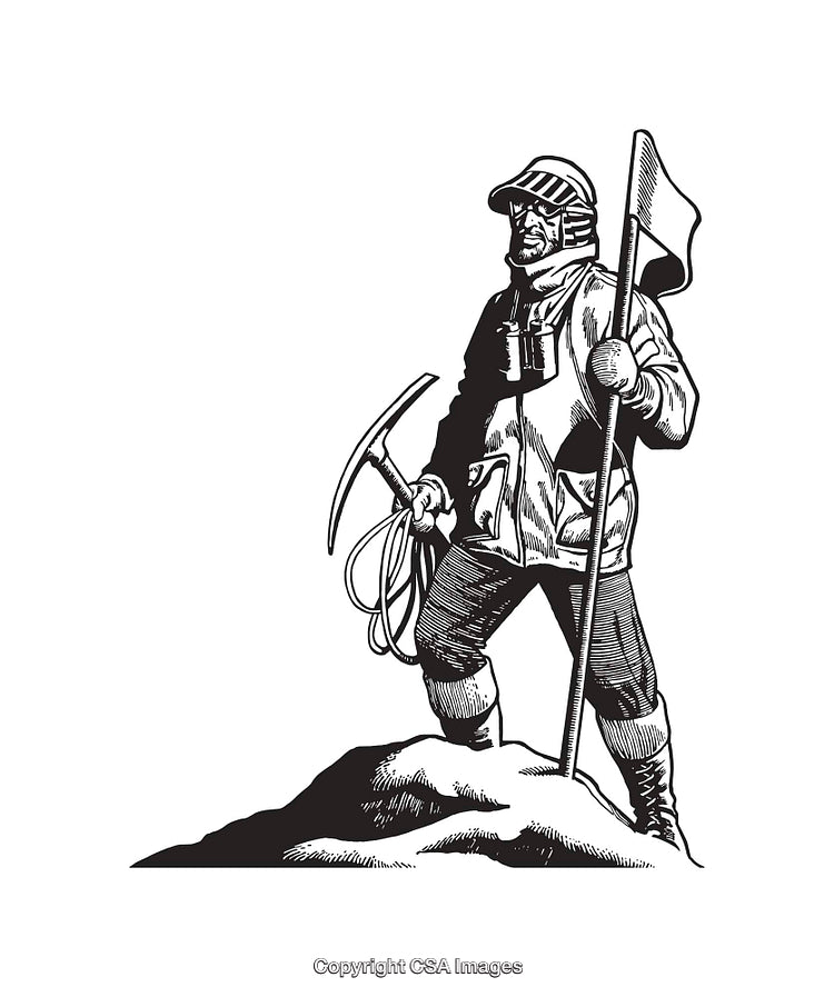 Black and White Line Art of a Mountaineer on a Summit Holding a Flag