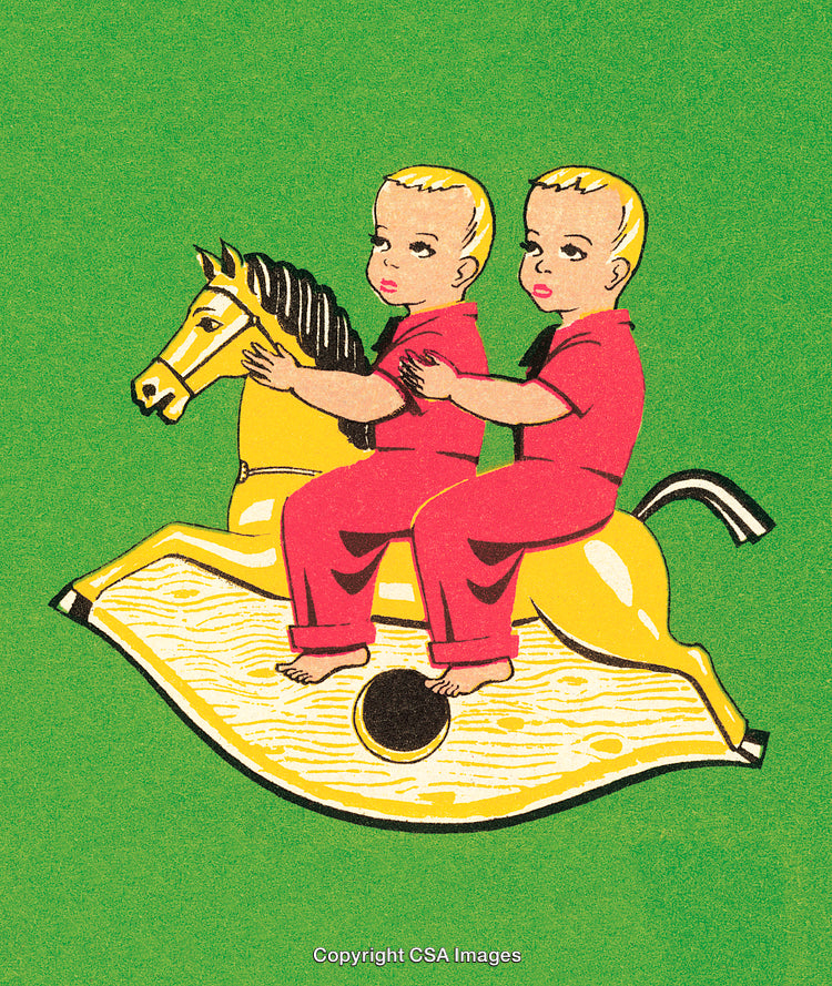 Vintage Style Illustration of Two Children on a Rocking Horse Toy