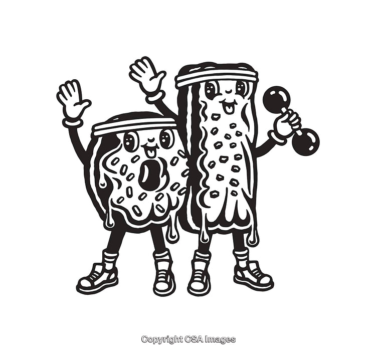 Humorous Black and White Drawing of Anthropomorphic Food Exercising