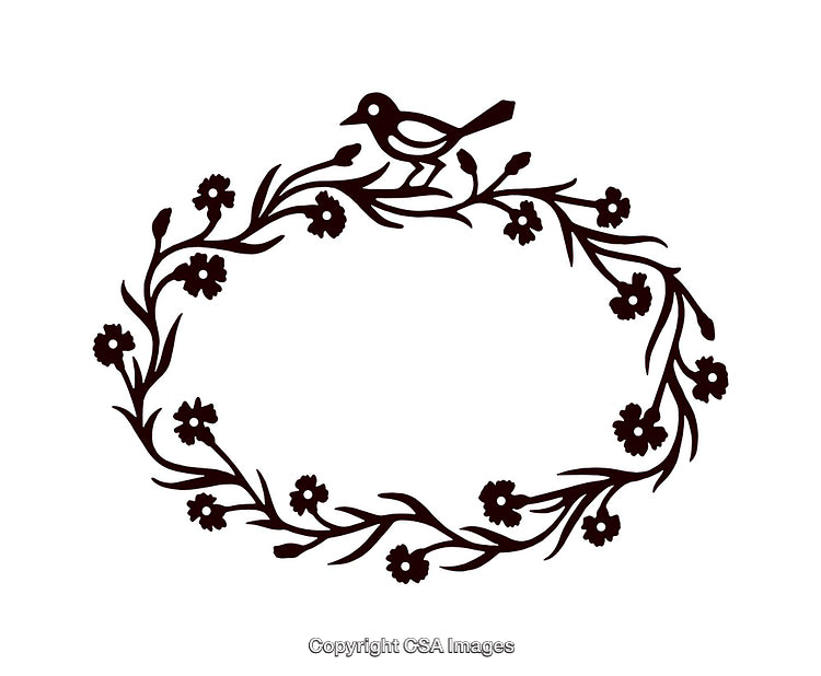Decorative Floral Wreath Illustration with Bird in Monochrome Style