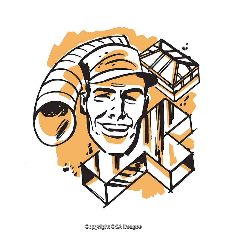 Illustrative Collage Featuring a Smiling Worker with Geometric Elements