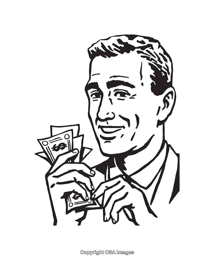 Retro Black And White Illustration of a Man Holding Cash