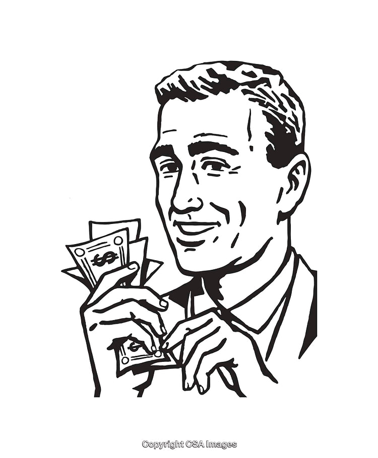 Retro Black And White Illustration of a Man Holding Cash