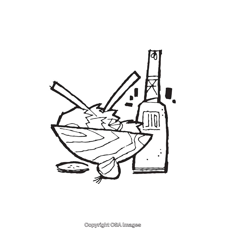 Black and White Line Illustration of Kitchen Utensils with a Bottle