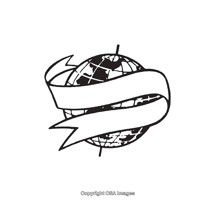 Line Art Illustration of Globe with Blank Banner Design