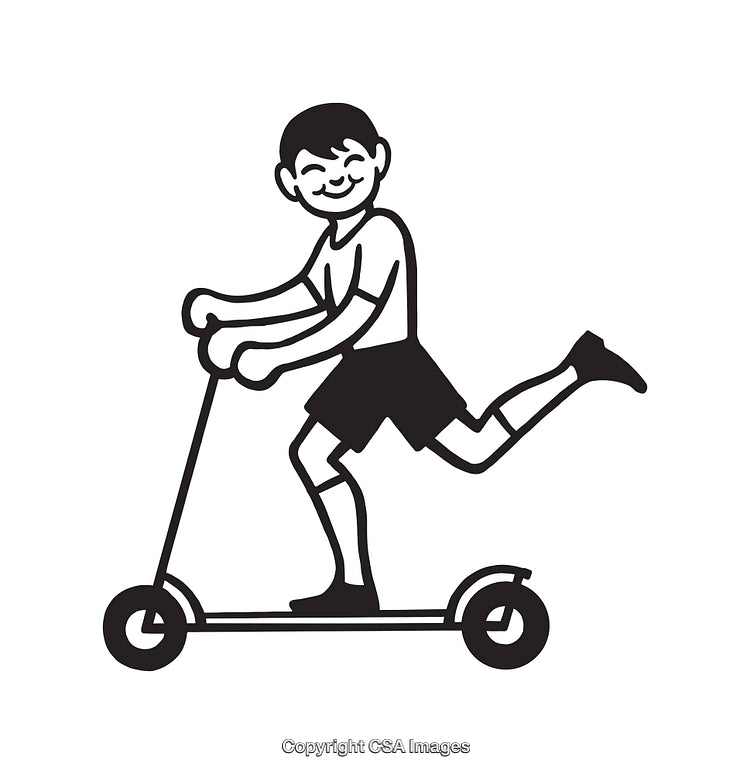 Black and White Line Art of a Child Riding a Kick Scooter
