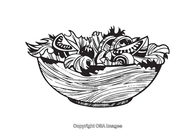 Black and White Line Art Illustration of a Fresh Vegetable Salad in a Bowl