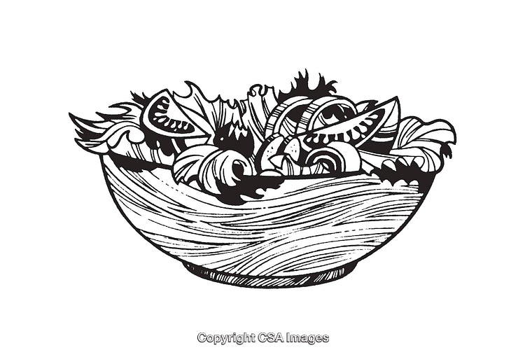 Black and White Line Art Illustration of a Fresh Vegetable Salad in a Bowl